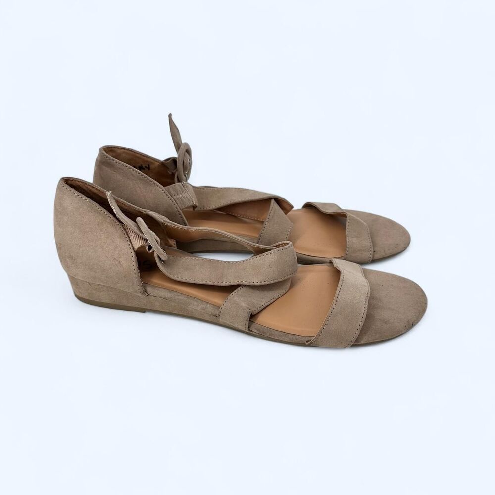 Taupe Faux Suede Strappy Low Wedge Sandals Retro Summer Buckle Ankle Flats